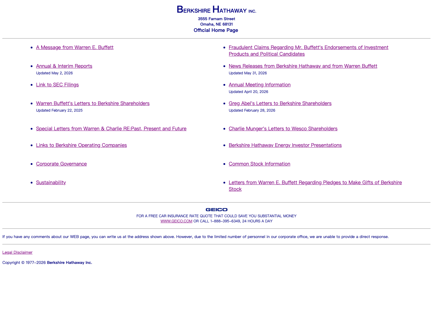 The current Berkshire Hathaway homepage — plain text links on white
